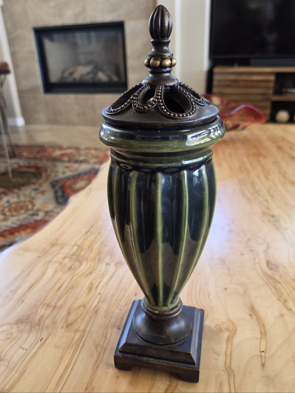 Decorative Green Ceramic Urn with Bronze Accents - Home Accents - EUC